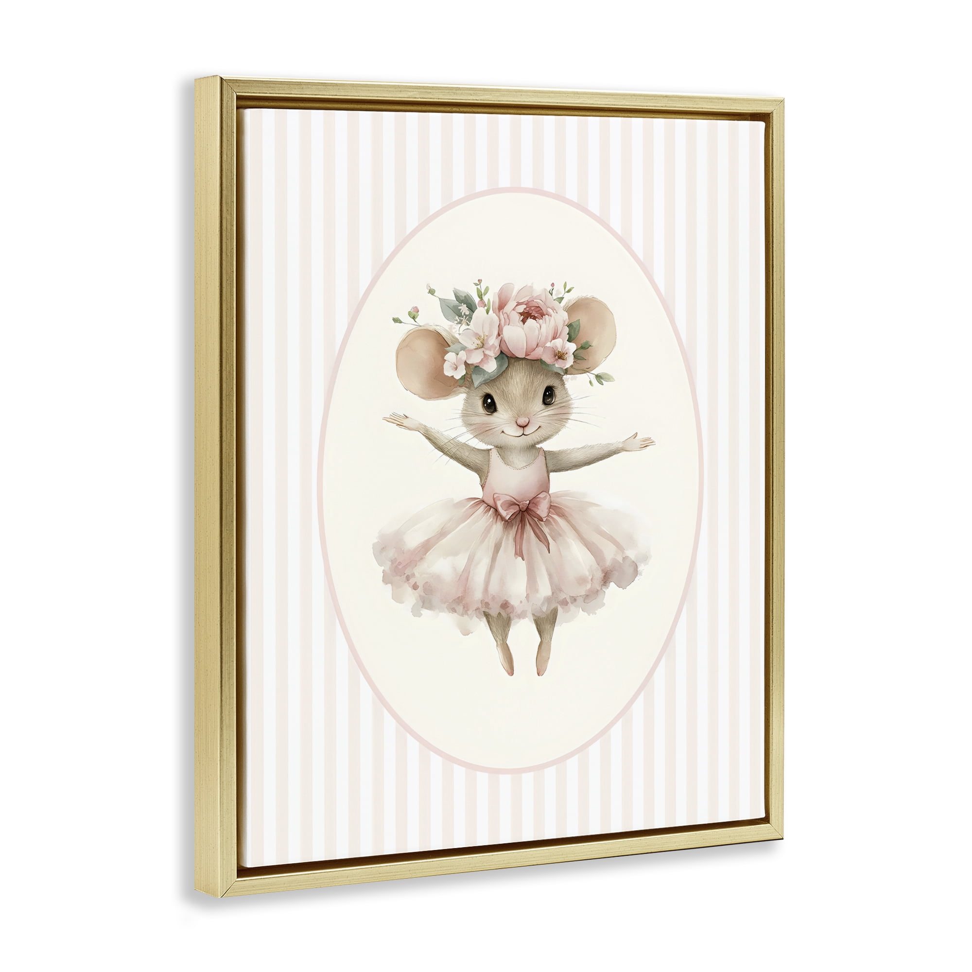 Stupell Industries Nursery Ballerina Mouse Striped Gold Framed Floater Canvas Wall Art, design by LSR Design Studio