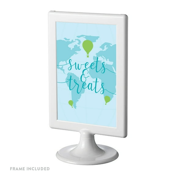 Hot Air Balloon Adventure World Map Party, Blue Green, Party Sign 4x6-inch, Sweets & Treats, Includes Frame