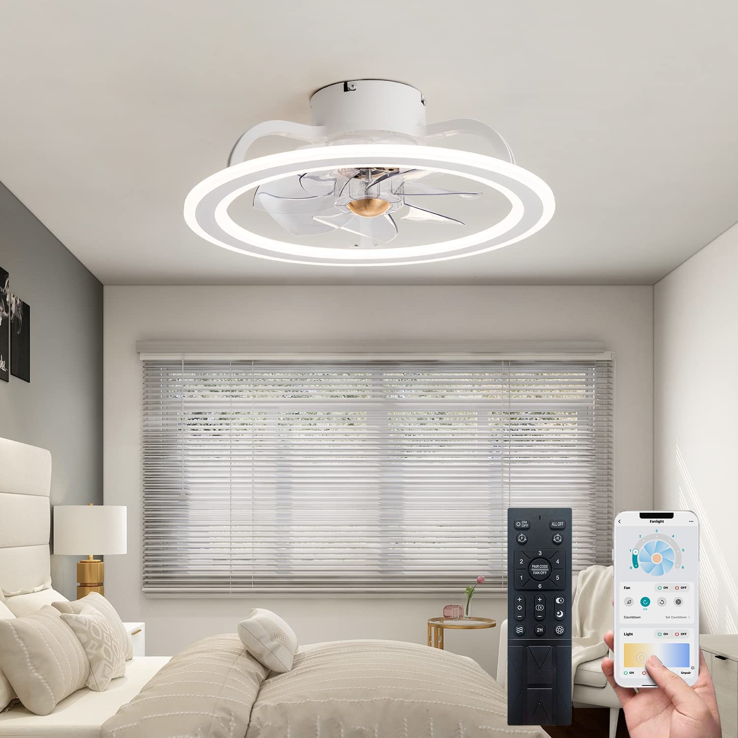 FSXUOLIPI 20'' White Modern Indoor Flush Mount Ceiling Fan with Lights