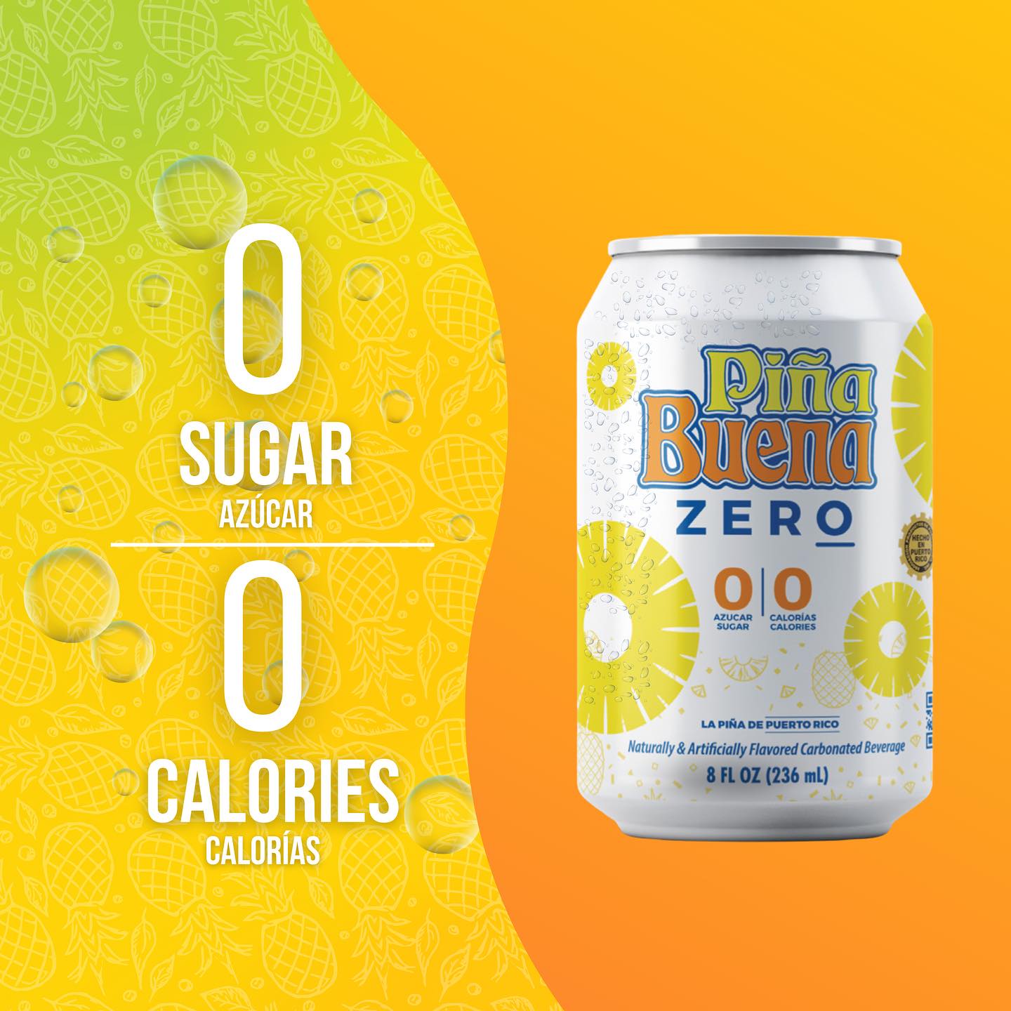 Piña Buena Zero, No Sugar Pineapple Soft Drink, 8 fl oz Aluminum Can, Allergens Free