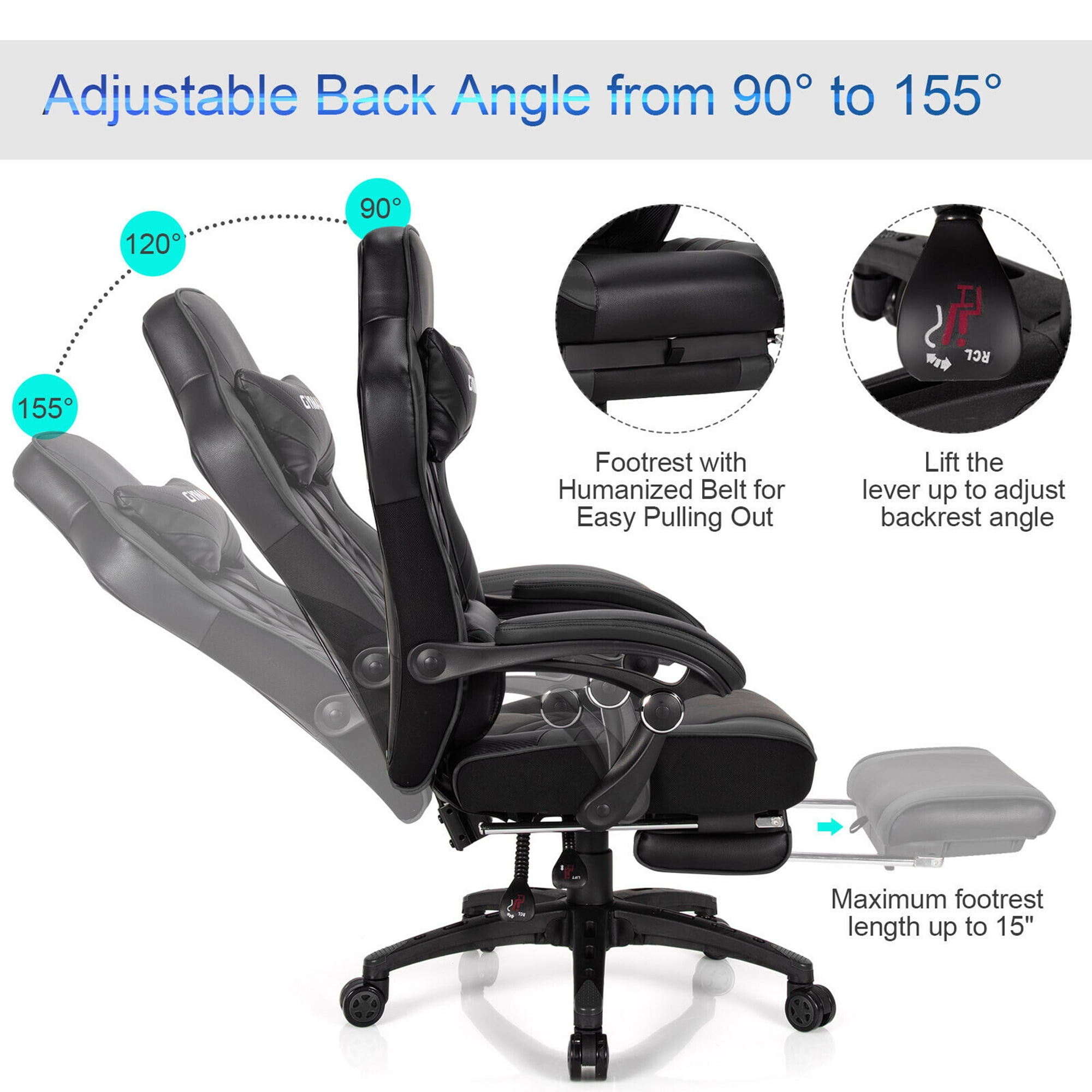 Gymax Office Computer Desk Chair Gaming Chair Adjustable Swivel w/Footrest Black