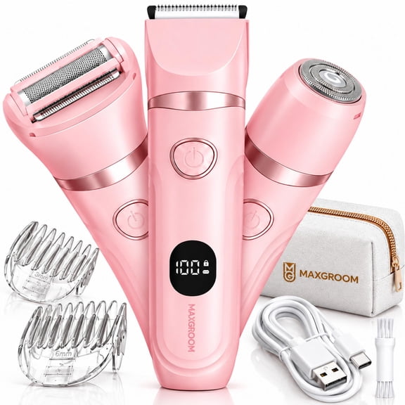 Bikini Trimmer for Women, 3 in 1 Electric Razors with LED Display, Waterproof Wet & Dry Use Hair Trimmer Kit for Ladies Pubic Legs Face Underarms, Type-C Rechargeable Portable Womens Body Shavers Set
