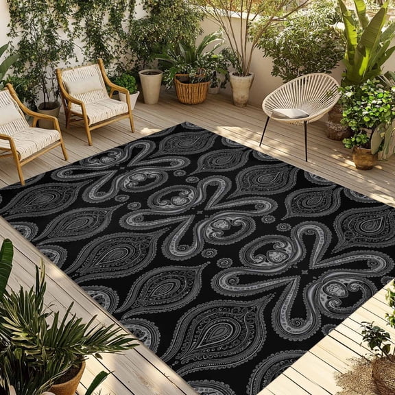 Fsddascl Black Geometric Outdoor Rug for Patio/Deck/Porch, Non-Slip Large Area Rug 4 x 6 Ft, Modern Abstract Flower Indoor Outdoor Rugs Washable Area Rugs, Reversible Camping Rug Carpet Runner