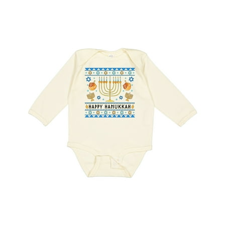 

Inktastic Happy Hanukkah Sweater Style Design with Menorah and Dreidel Gift Baby Boy or Baby Girl Long Sleeve Bodysuit
