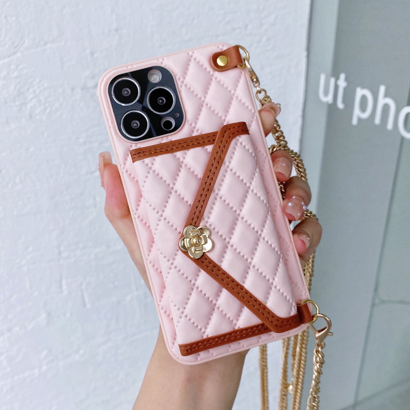 Compatible for iPhone 13 Wallet Case with Card Cash Pocket Detachable Chain  Strap Crossbody Handbag Cover, PU Leather Stylish Flower Design Shockproof  Protective Case for iPhone 13 6.1 Inch,Pink 