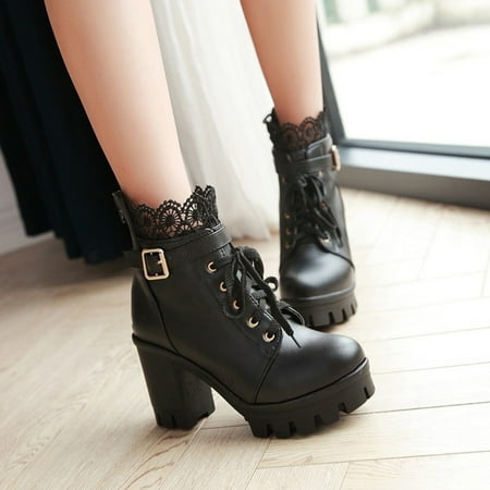 

Fesfesfes Platform Boots for Young Ladies Fashion Women s Thick High Heel Lace Up Ankle Boots Platform Lace Student Shoes 7(39)