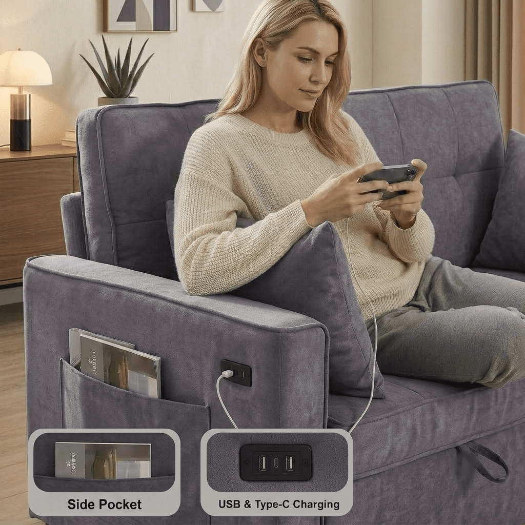 Howcool 55" Sleeper Sofa Bed, 3-in-1 Pull Out Convertible Loveseat Couch with 5-Level Adjustable Backrest, USB Port & Side Pocket, Terry Fabric Sofa for Living Room, Bedroom & Small Spaces,Light Grey