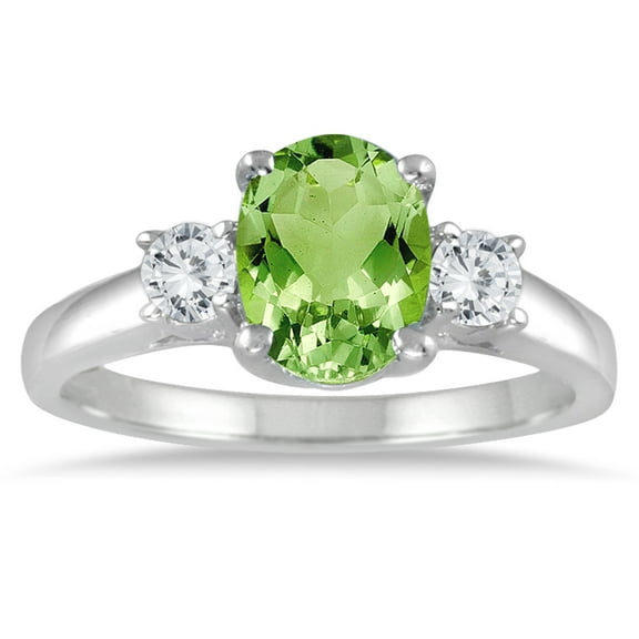SZUL Women's Peridot and Diamond Three Stone Ring 14K White Gold