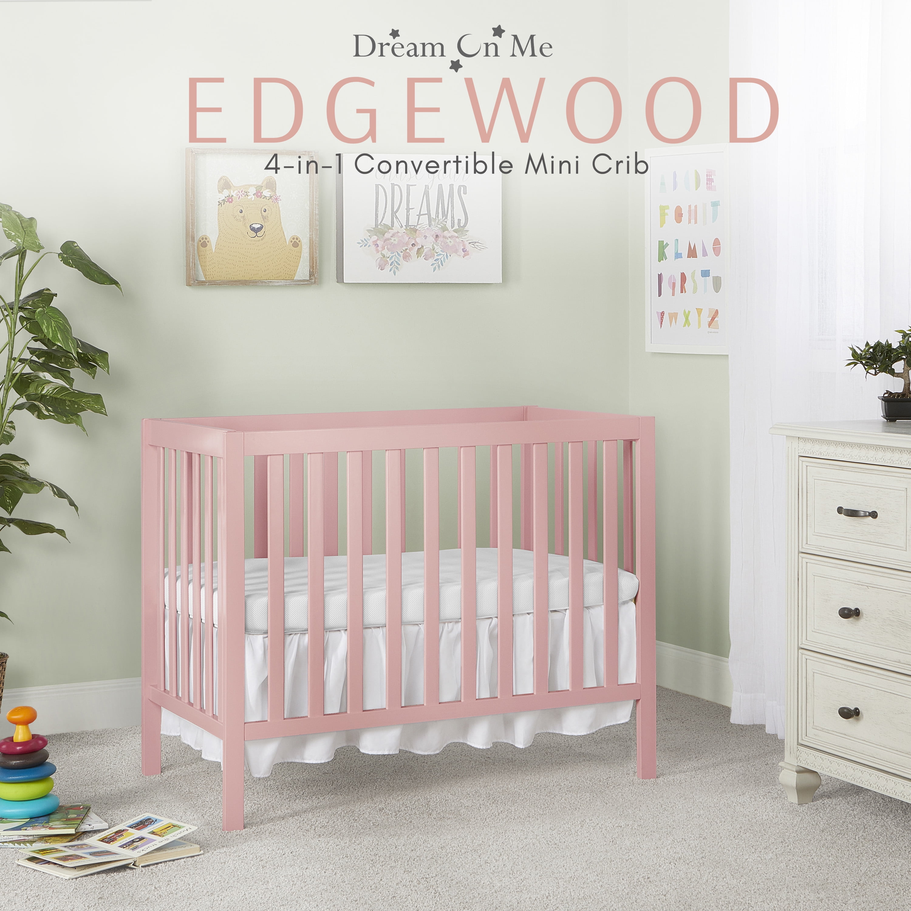 Dream On Me Edgewood 4 in 1 Convertible Mini Crib in Pink