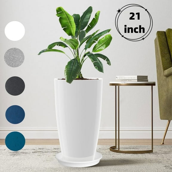 21" Round Tall Planter, Modern Large Flower Pot Resin Vase for Indoor/Outdoor Front Door, Balcony, Garden Patio Deck - White