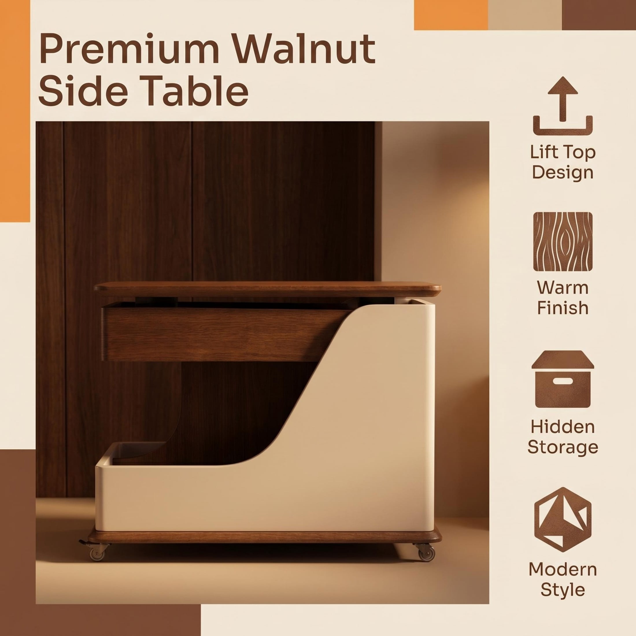 GDF Studio 27.6" Adjustable Lift-Top Side Table with Hidden Storage, 360° Swivel Top, White+Walnut