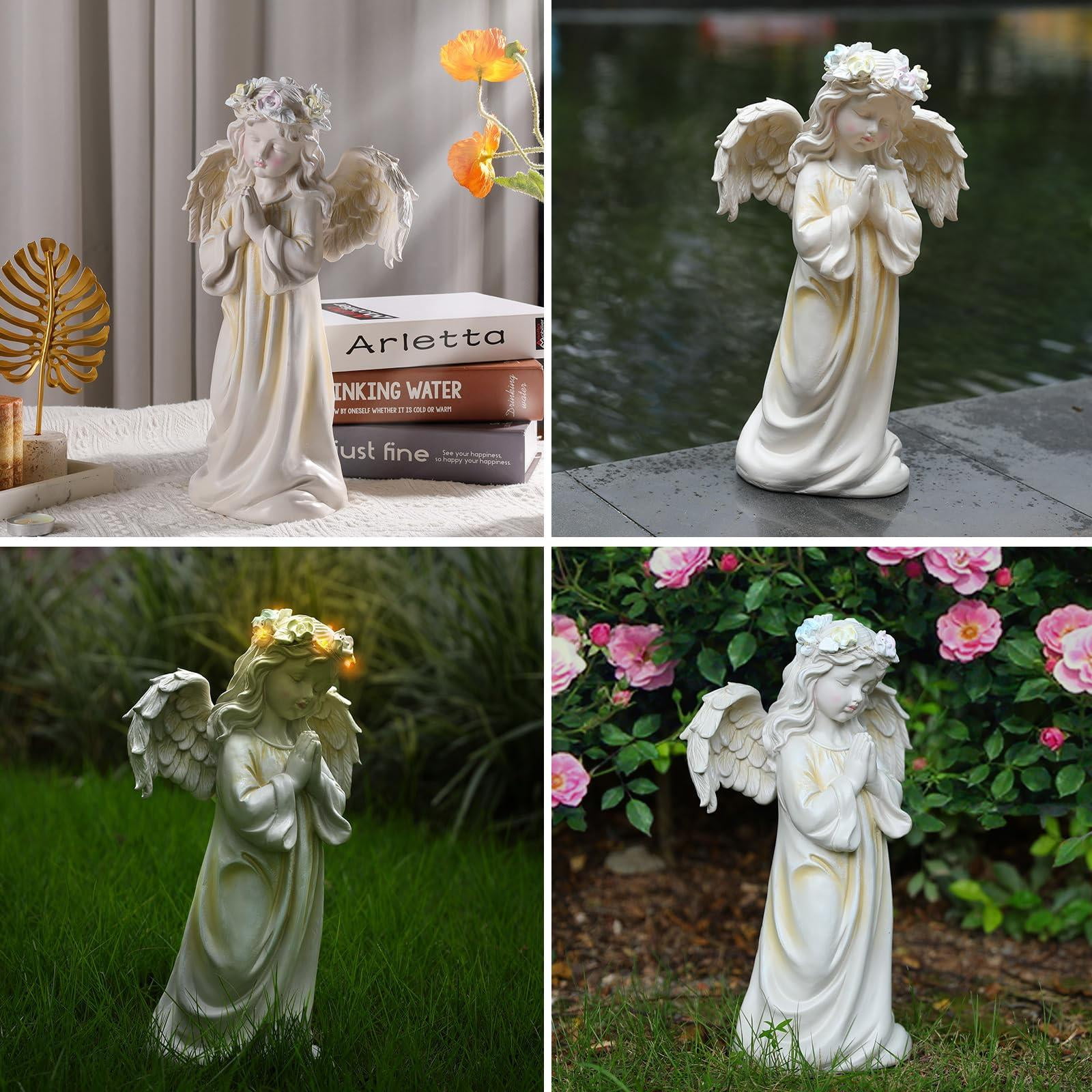 Angel Garden Statue,Memory Guardian Waterproof Outdoor Solar Garden Decor with Warm Light,Praying Angel Figurine Sculpture for Lawn Yard Patio,Sympathy Gift,White
