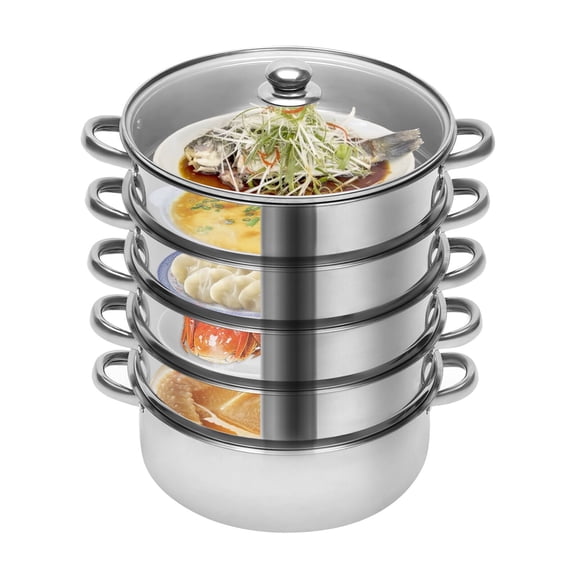 5-Tier Stainless Steel Steamer with Glass Lid Large Capacity Cooker Steam Pot with 4 Steaming Grids and 1 Large Bottom Cooking Pot Kitchen Food Cooking 33.06lbs Loading-bearing Capacity Each Tier