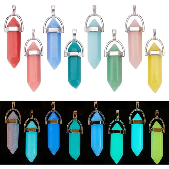 16Pcs 8Colors Glow in the Dark Crystal Pendant Synthetic Luminous Stone Pendants with Platinum Tone Iron Findings Crystal Pendant for DIY Necklace DIY