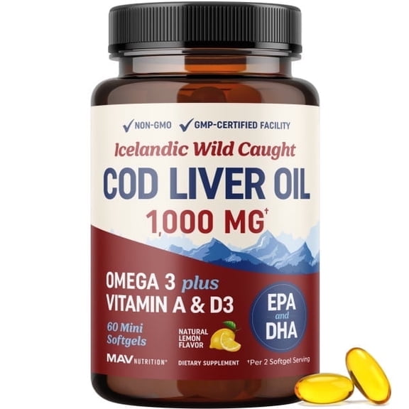 Cod Liver Oil Softgels with Omega 3, Vitamin A & D3, 1000mg, 60 Count