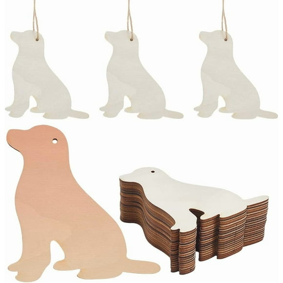 20PCS Wooden Craft Kit Dog Blank Wood Pieces Unfinished Wood Cutout Ornaments with Twine Labels Tags Art Craft for Home Crafts Hanging Wedding Birthday Party Decoration