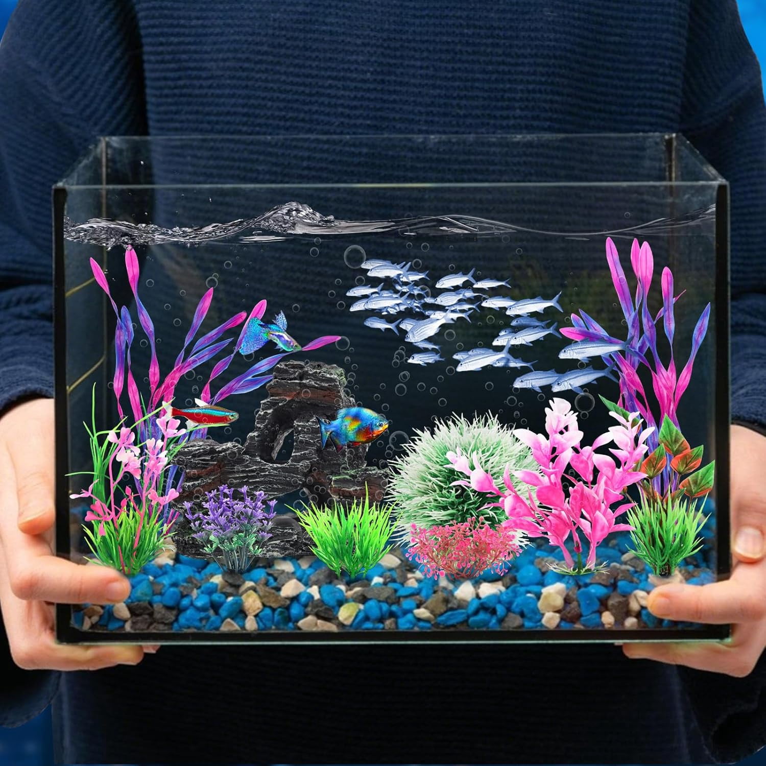 Fish Tank Accessories, Aquarium Plastic Plants and Cave Rock Decorations Set
