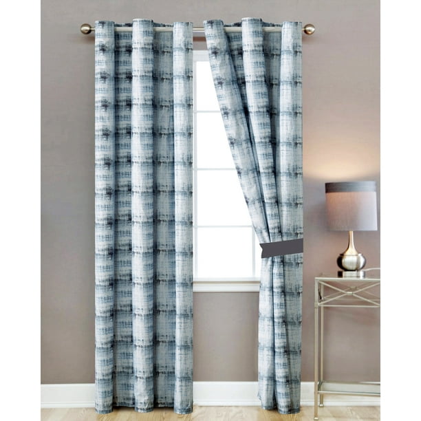 4 Pc West Stone Wash Antique Pattern Curtain Set Blue White Dark Brown Grommet D Sheer Liner Com 4 Pc West Stone Wash Antique Pattern, Antique Blue Curtains