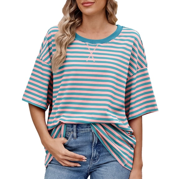 Afdoent Womens T Shirts Striped Color Block Oversized Short Sleeve T Shirt For Women Casual Summer Tee Top Tee Shirts Casual Vacation Clothes