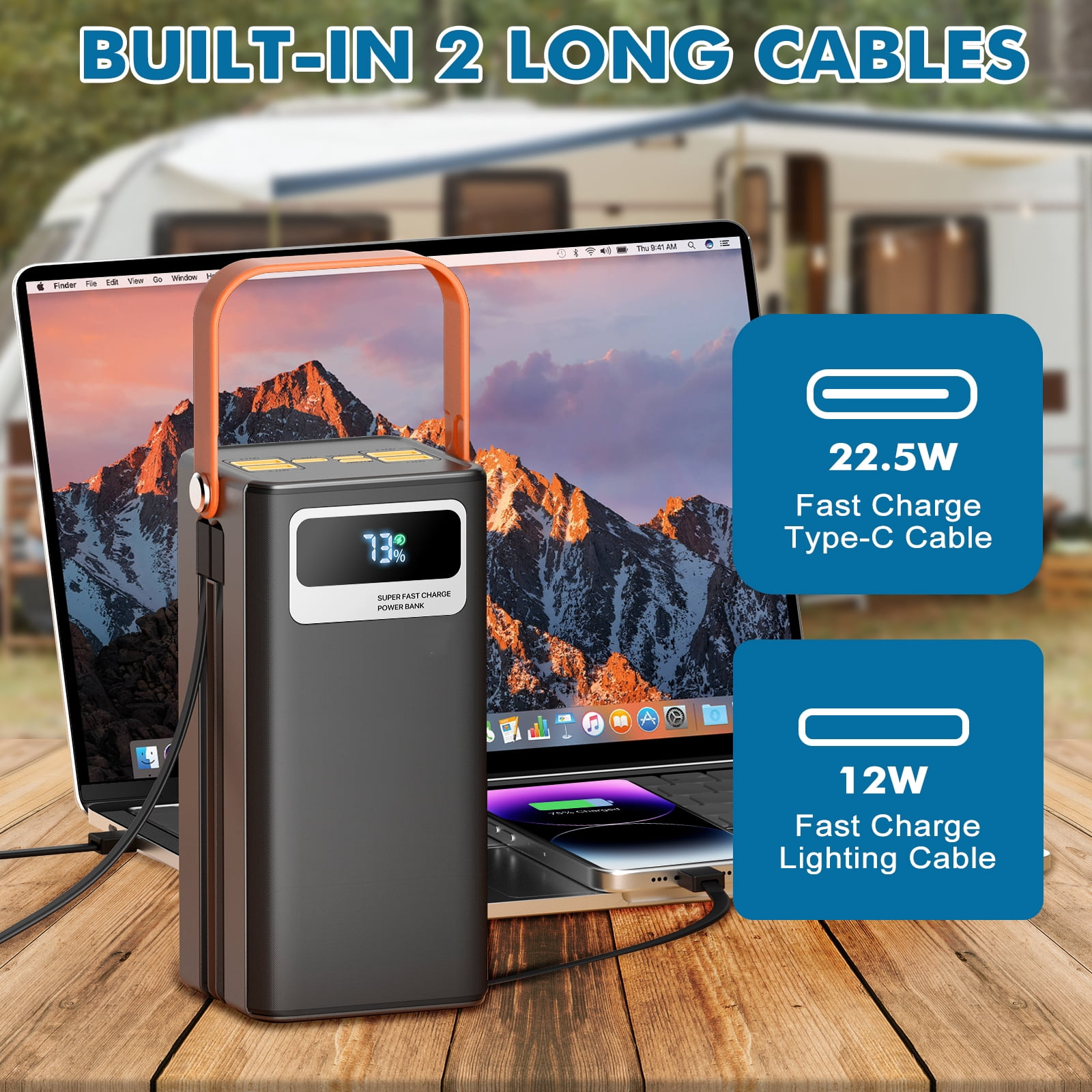 PGYOB 50000mAh Portable Charger Power Bank with Built-in Cables, Super Fast Charging & Flashlight, for Laptop,iPhone,Android, Home, Camping, Emergency