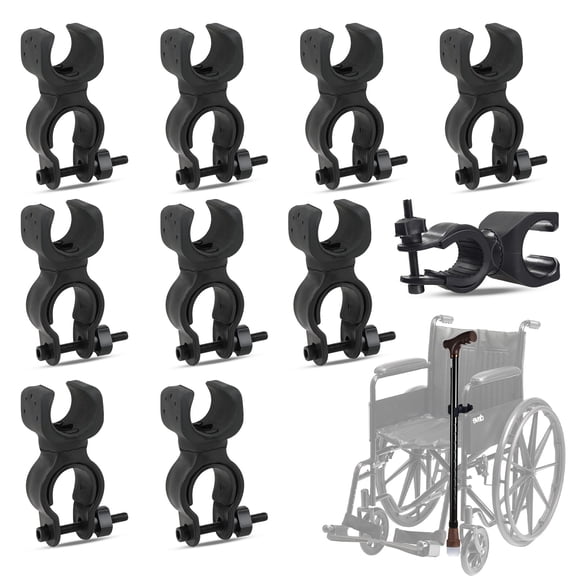 10 Pieces 360° Adjustable Cane Holder for Walker Stick, Black Crutches Cane Holder for Drive Rollator, Universal Wheelchair Accessories Walking Cane Holder for Flashlight Electric Scooters
