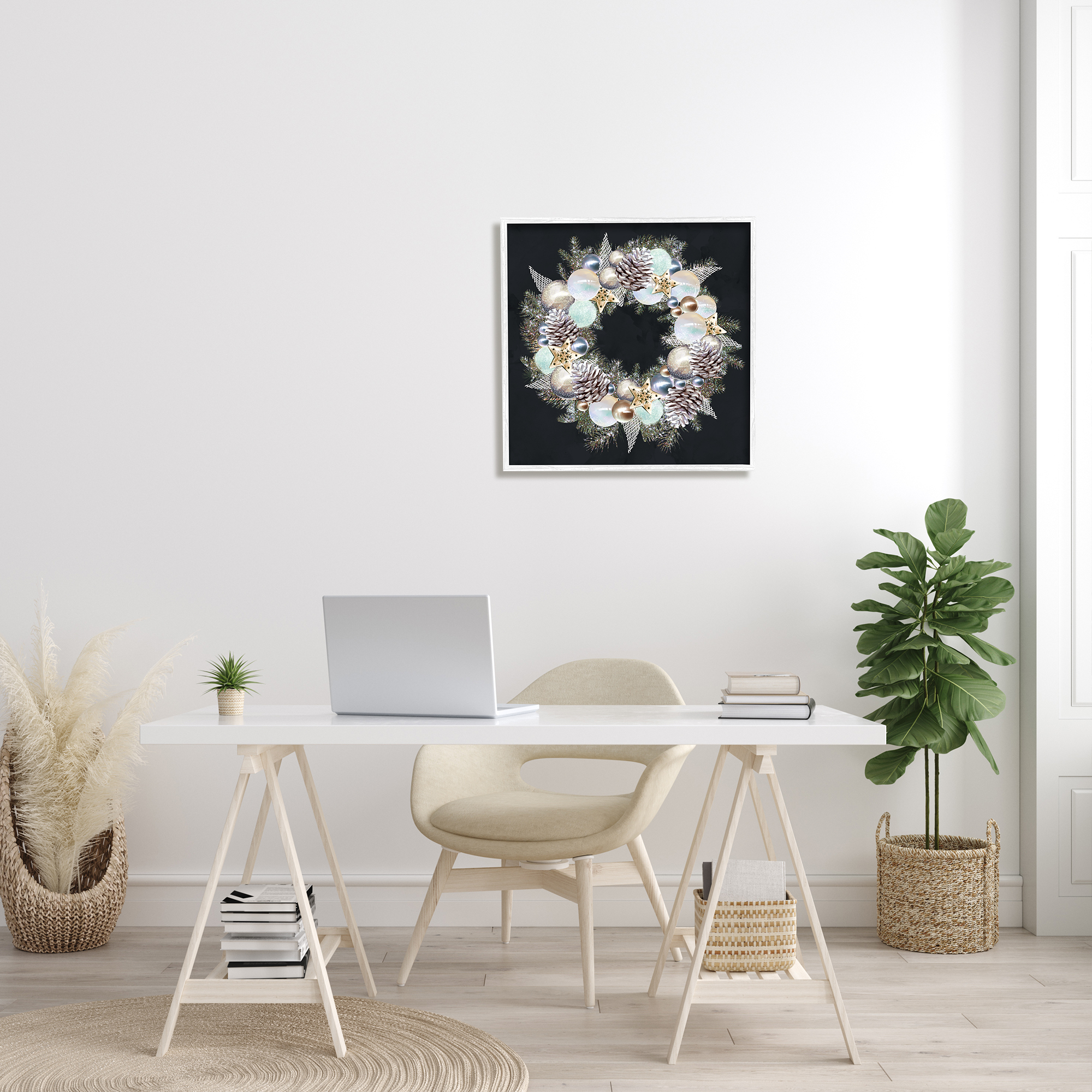 Stupell Industries Chic Winter Ornament Wreath Pinecone Glitz Holiday Painting White Framed Art Print Wall Art, 24 x 24