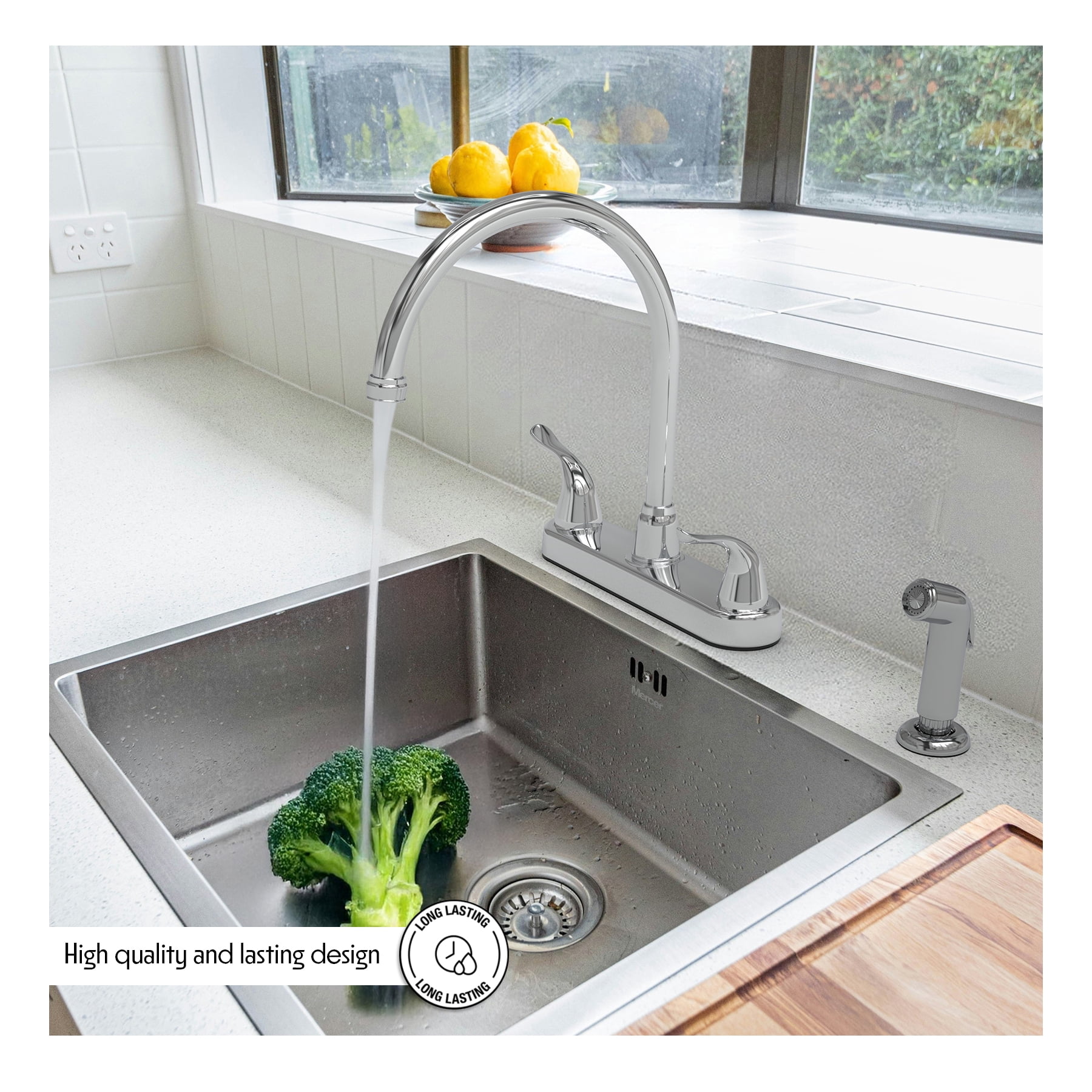 23073024 - Non Metallic Kitchen Sink Faucet 360 Degree Swivel High Spout Double Handle Washerless with Side Spray