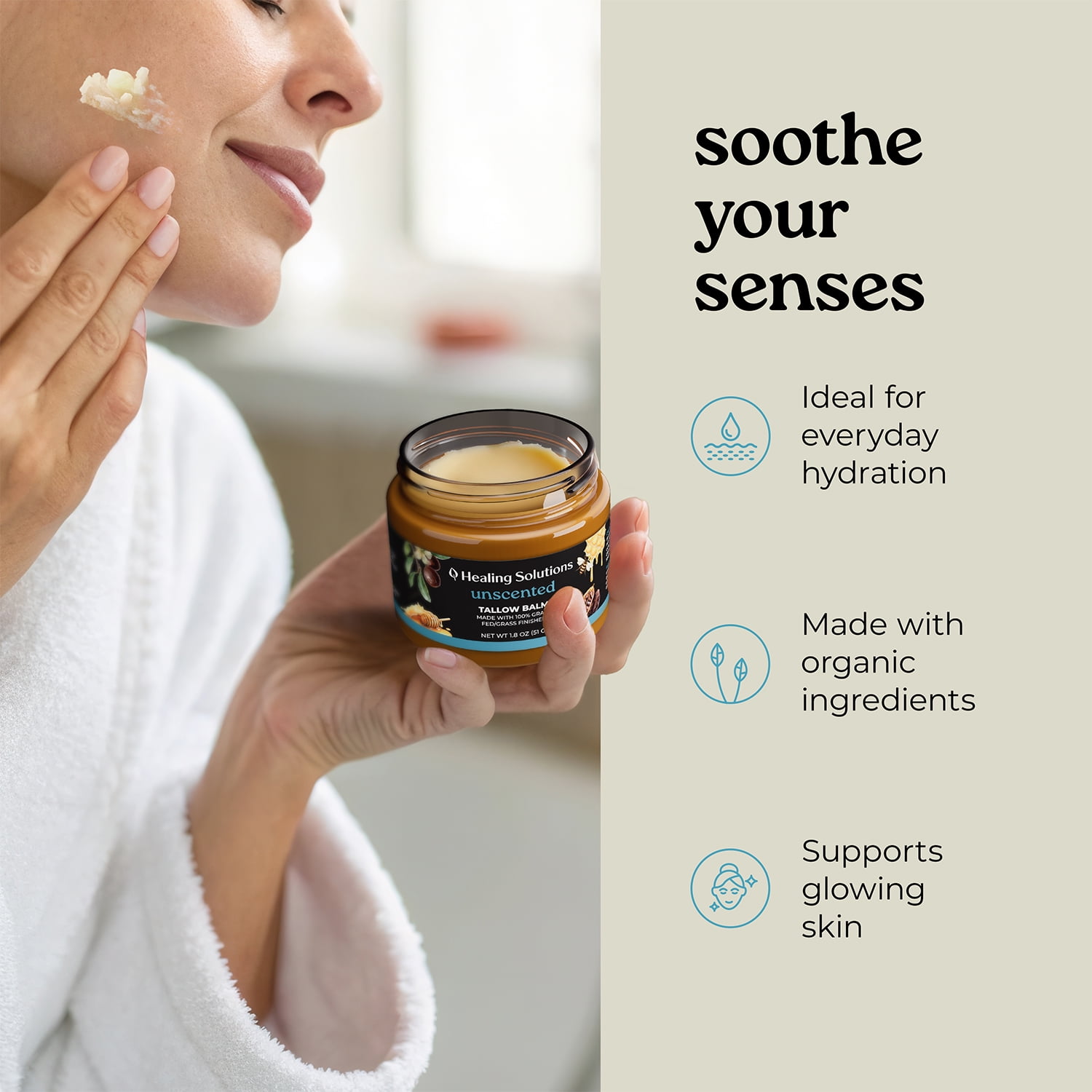 Healing Solutions Whipped Beef Tallow & Honey Balm – Unscented, All-Natural Moisturizer for Face & Body, 1.8 oz