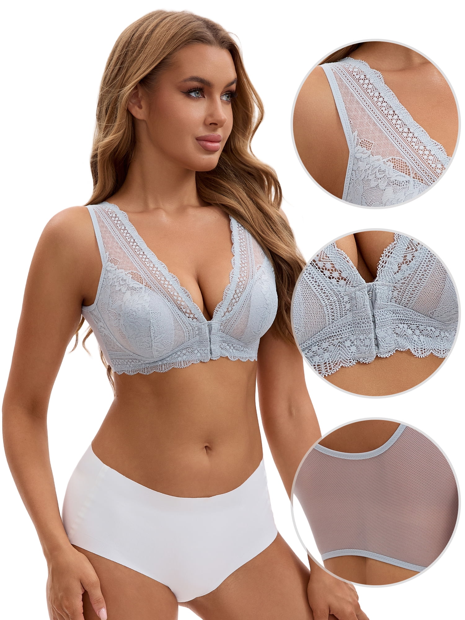 Unique Bargains Women's Lace Sheer Front Closure Wirefree Bras XL Light Blue