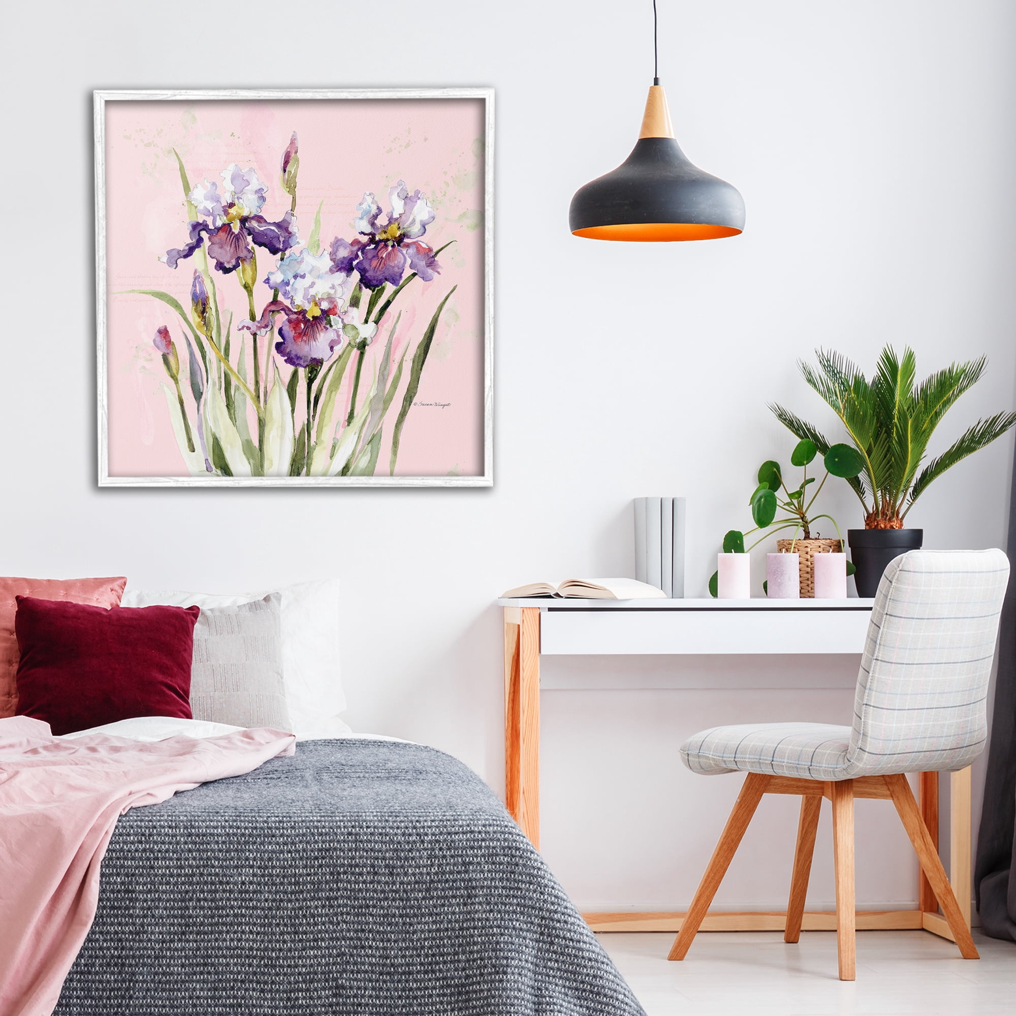 Stupell Industries Purple Irises on Pink White Framed Giclee Art, design by Susan Winget