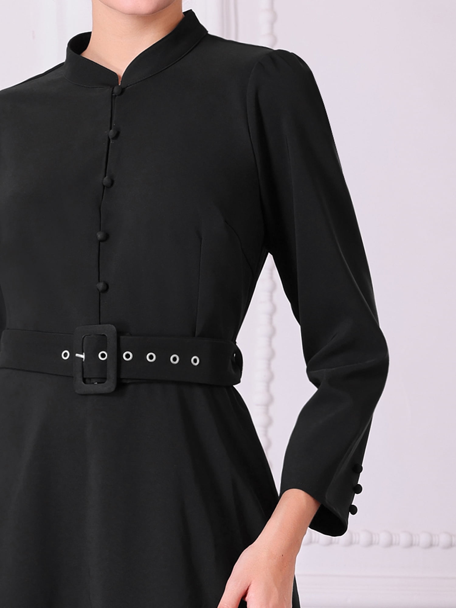 DARING DIVA Long Sleeve Flare Mock Neck Belted Church Dress S Black