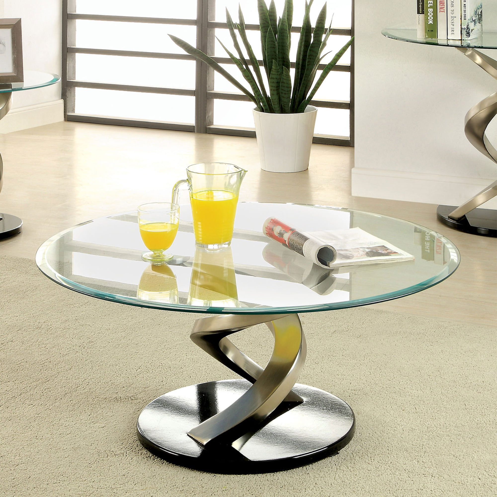 Coffee Table with Twisted Metal Base and Round Glass Top, Silver and