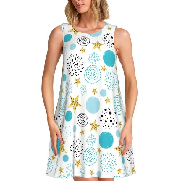 Easygdp Gold Stars Blue Dots Pattern para Vestido Transpirable de Mujer, Vestido Suelto de Manga Corta con Pliegues y Bolsillos para el Verano