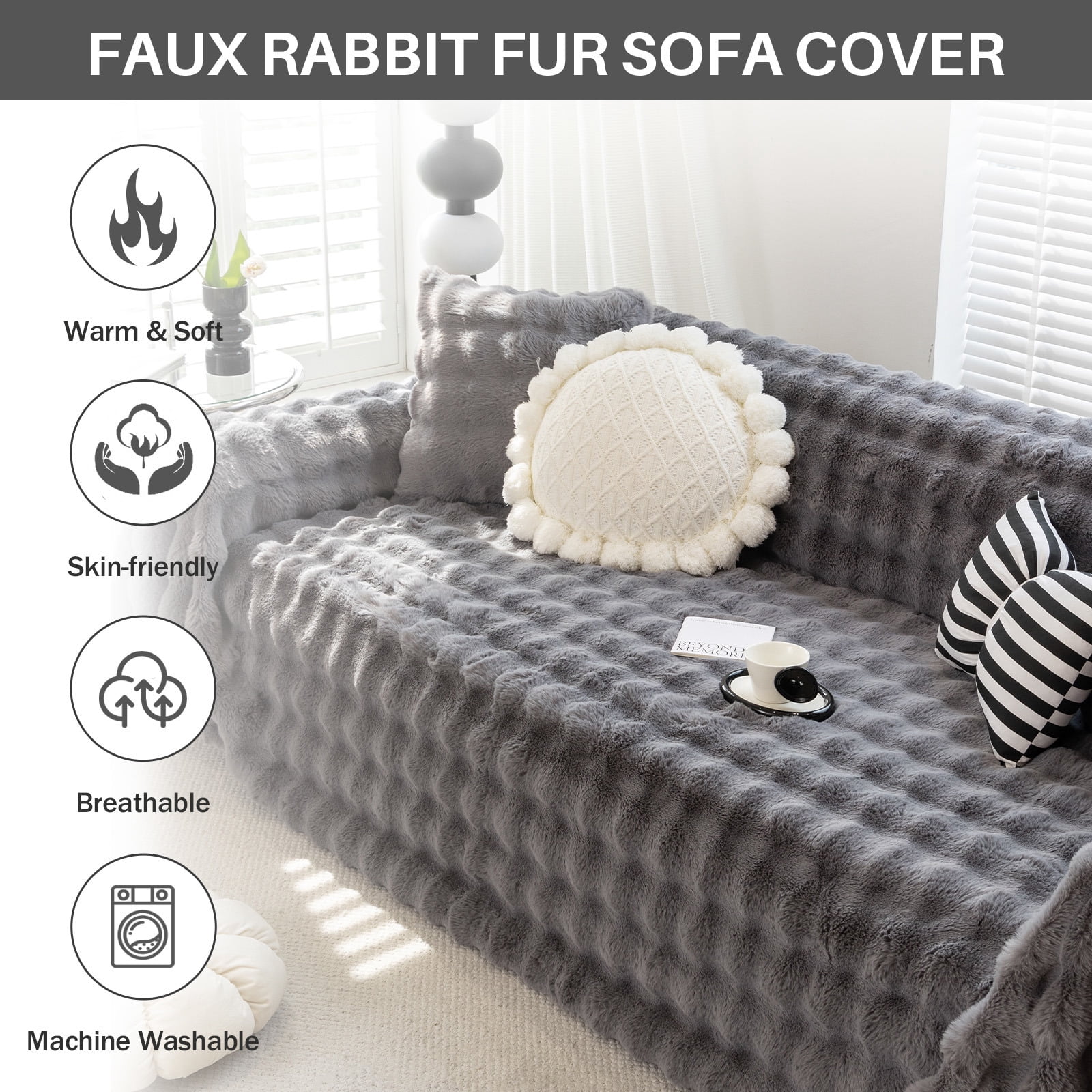 WOOW DEPOT Warm Faux Rabbit Fur Sofa Cover Machine Washable, Thick Throw Blanket L Shape Slipcover for 3 Cushion Couch, Dark Gray 71"x134"