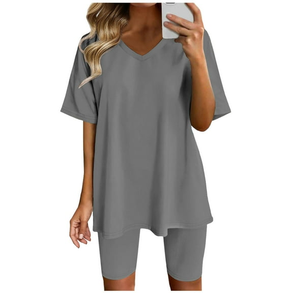 Shirt And Shorts Set Women Short Sleeve Solid V Neck Loose Tshirt Tops Shorts Running Yoga Sport Set Womens Summer Outfits Grey L