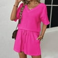 thumbnail image 6 of Riforla Women's Vacation Fashion Casual Suit Solid Color Summer Shorts and Shirt Top Two Piece Sets Lapel Shirt Sexy Slim Suits Short sets Hot Pink L, 6 of 8