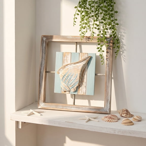Natural Wood Mediterranean Nautical Starfish & Shell Wall Hanging Decor, Coastal Seaside Wall Art Ornament, Beach Theme Decor for Homestay Background Wall Living Room