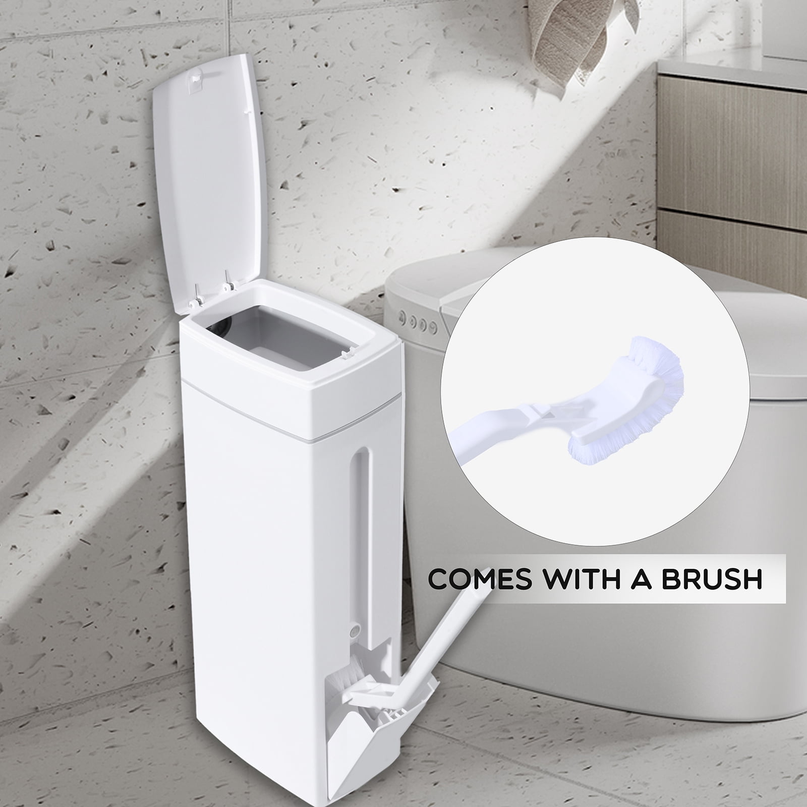 Slim Bathroom Trash Can with Lid,Small Bathroom Garbage Bin with Toilet Brush and Holder Set 4.5 Liter / 1.2 Gallon Dog Proof White Trash Can with Pop-Up Lid for Toilet, RVs