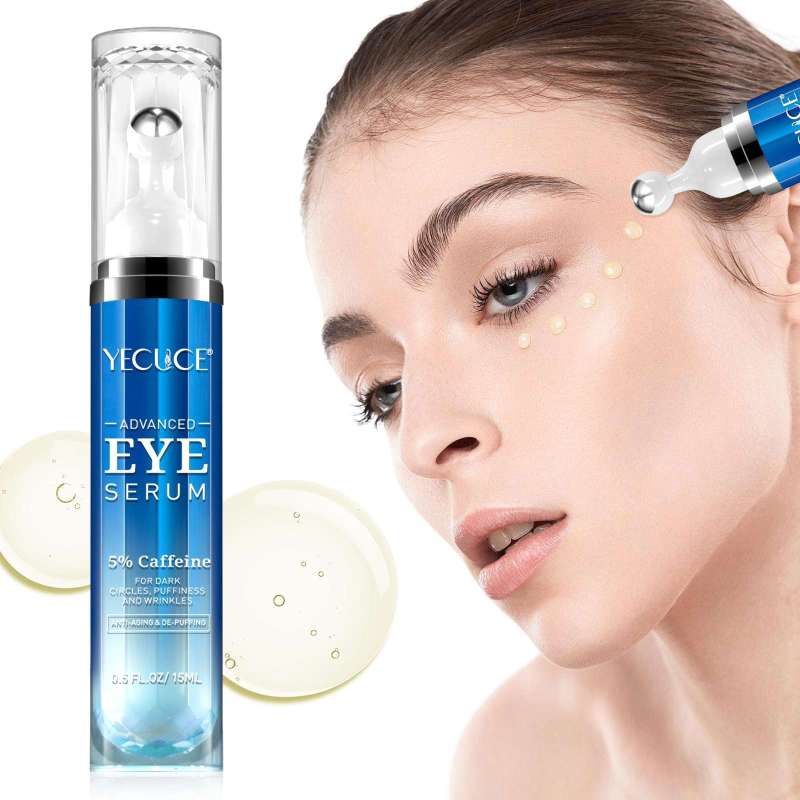 (3 pack) Yecuce Eye Serum with Roller Massage Ball, Caffeine Peptide, Dark Circles Under Eye Treatment, with Retinol, 5ml
