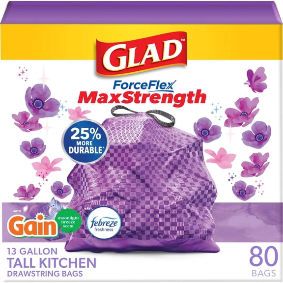 Glad ForceFlex MaxStrength Tall Kitchen Trash Bags, 13 Gal, Gain Moonlight Breeze, 80 Ct