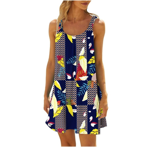 Summer Saving Wycnly Sundresses for Women Sleeveless Round Neck Leaves Print Mini Dresses Loose Flowy Swing Casual T Shirt Tank Summer Dress Dark Blue Up to 65% off