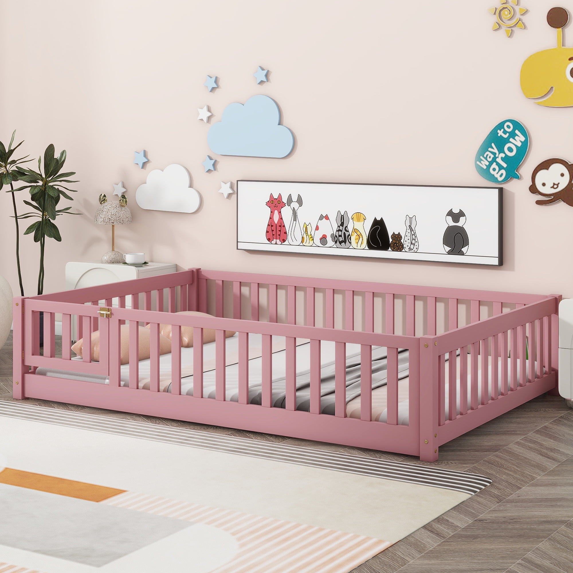 PAPROOS Full Size Floor Bed, Solid Wood Floor Platform Bed with Slat, Fence Guardrail and Door, No B(图5)