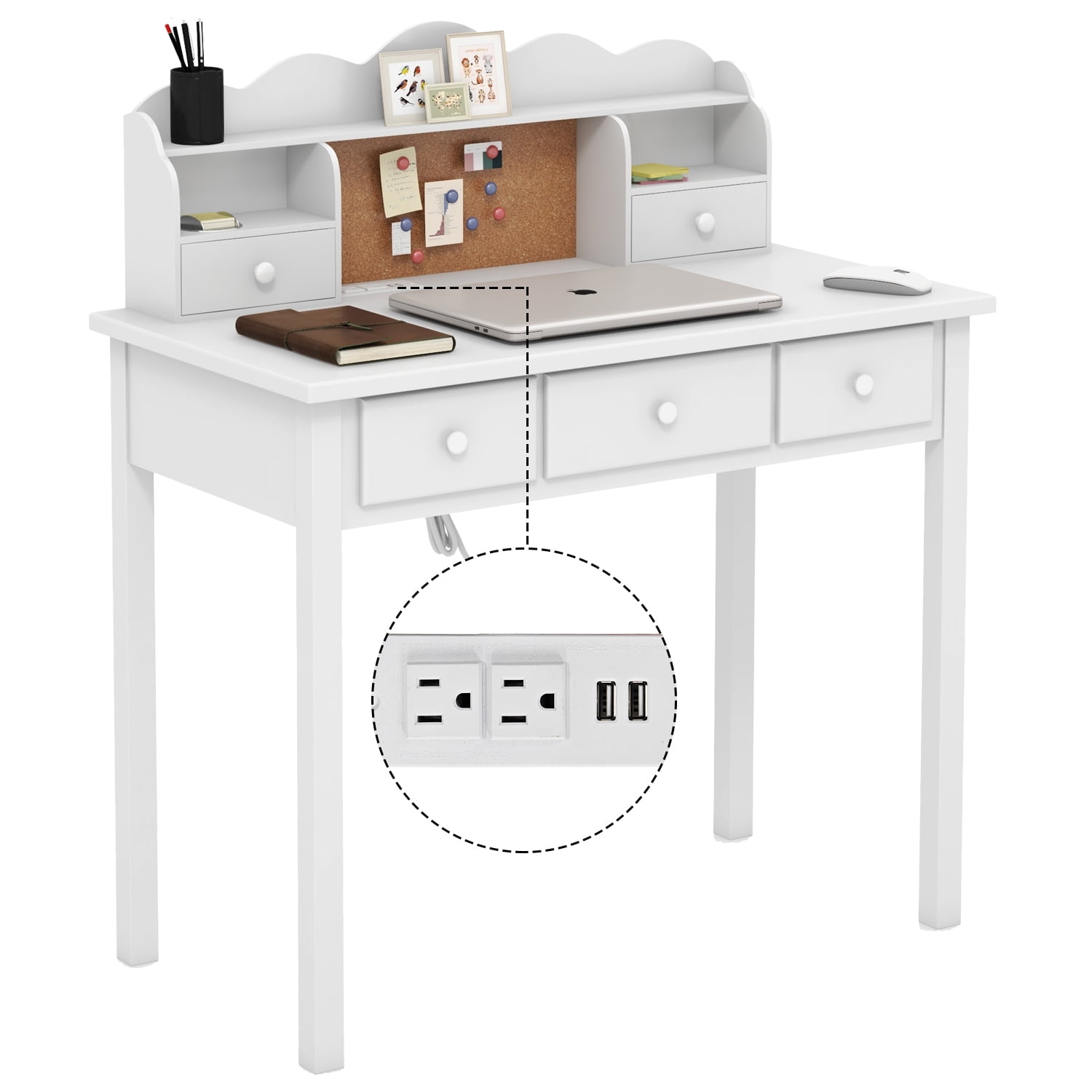 LAZZO 36" Writing Desk with Detachable Hutch & Drawers, Home Office Study Desk, White