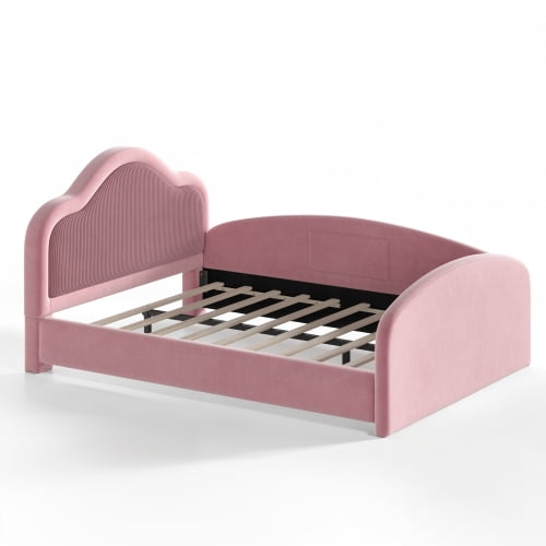 Full Size Upholstered Kids Floor Bed with Curved Headboard, Safety Side Rails & Storage Pocket, Low Profile Playhouse Bed, Pink