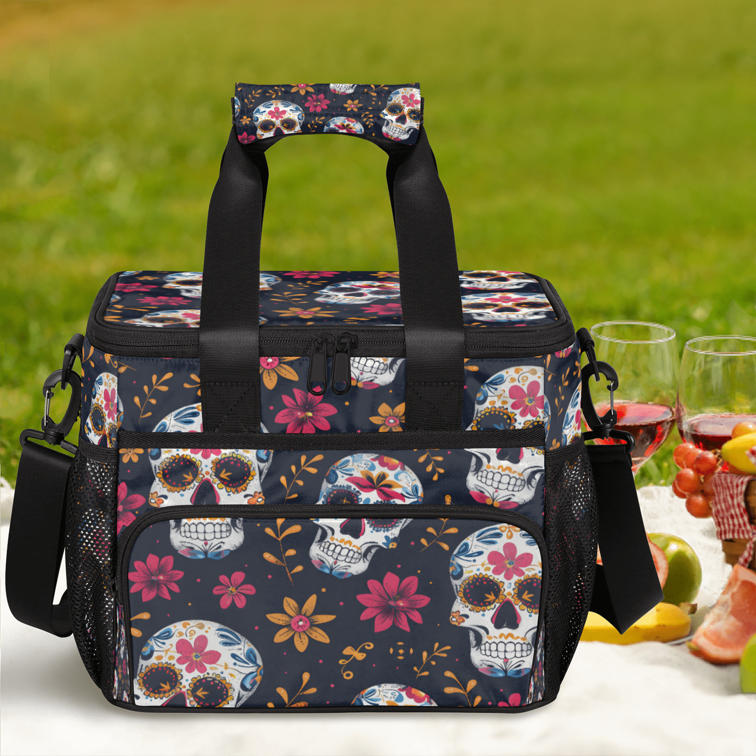 Herdesigns Sugar Skull Flowers Large Lunch Box for Adults Women Men with Adjustable Shoulder Strap, Insulated Reusable Lunch Bag Leakproof Cooler Tote Bag