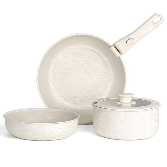 Walchoice 5Pcs Pots and Pans Set, Granite Nonstick Cookware Set with Detachable Handle, Stackable Kitchen Cooking Set with Saucepan Frying Pans, Induction Compatible & Oven Safe - Cream White