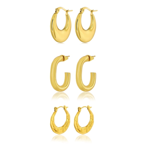JeenMata Juego de 3 Pares de Pendientes de Moda para Mujer en Baño de Oro Amarillo, Pendientes de Aro, Pendientes Hipoalergénicos Colgantes Gruesos y Livianos, Regalo de Joyería para Mujer
