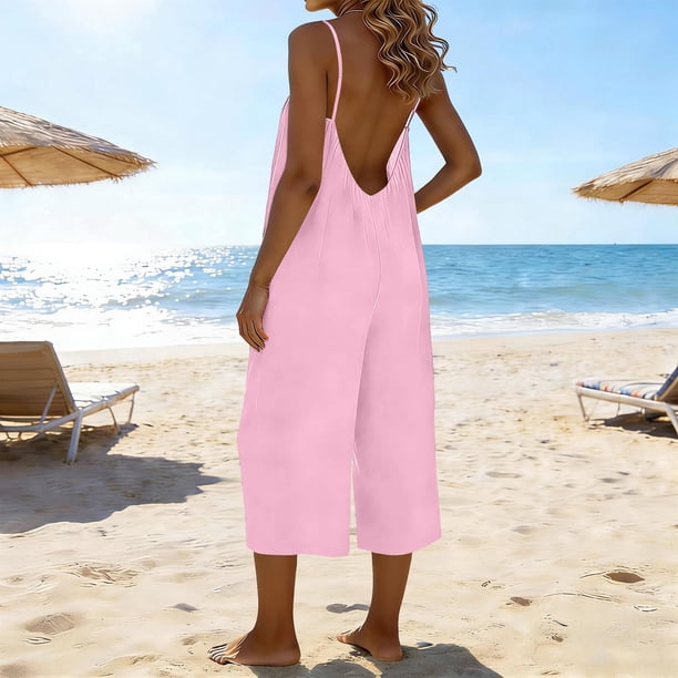 TaTaai Women's Summer Evening Jumpsuit Sleeveless Adjustable Straps Low Back Design Cropped Wide Leg 7/8 Length with Pockets Casual One Piece for Special Occasions Gift