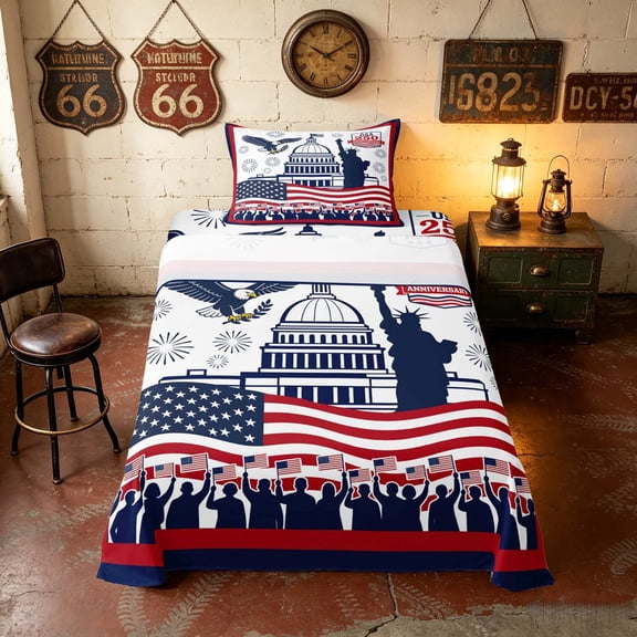 Manfei American Flag Twin Sheets, Retro 250 Anniversary Bedding, Red Blue White, Navy Reversible 3 Pieces (1 Flat Sheet, 1 Fitted Sheet and 1 Pillowcase)