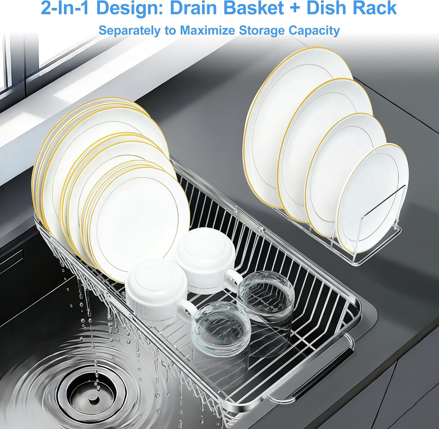 Dish Drying Rack Over The Sink, Stainless Steel for Kitchen Counter, Expandable Drainer for Kitchen Sink Organizer, 2-in-1 Extend Drain Basket and Plates Holder for Utensil Storage